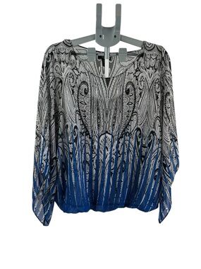 Alfani Woman Paisley Boho Ombre Blouse Blue Black Sheer Flowy Batwing Top 1X